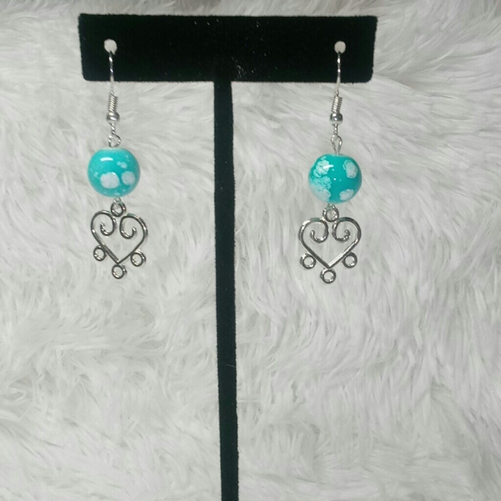 Heart Earrings With Turquoise Color Glass Bead
